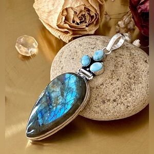 Fire Labradorite And Natural Larimar Hand Crafted Pendant